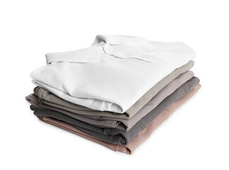 Stack of clean colorful t-shirts isolated on white