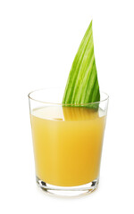 Glass of tasty pineapple juice with leaf isolated on white