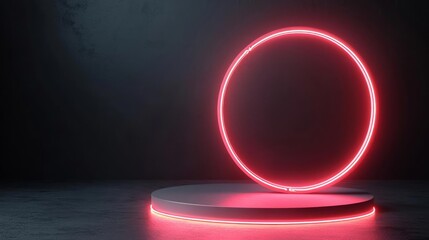 Neon circle on pedestal, dark background