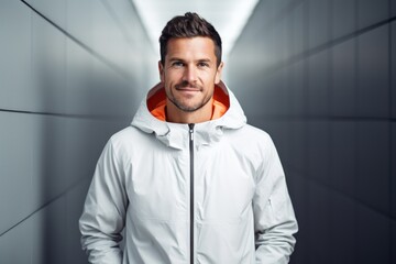 Portrait of a satisfied man in his 30s wearing a windproof softshell in modern minimalist interior