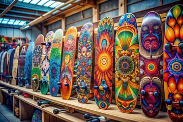 Creative Process of Designing Custom Skateboards with Colorful Graphics and Unique Patterns