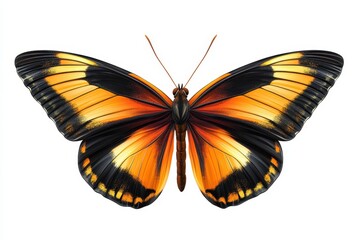 A vibrant butterfly with striking orange and black wings, showcasing the beauty of nature and its delicate details, white background.