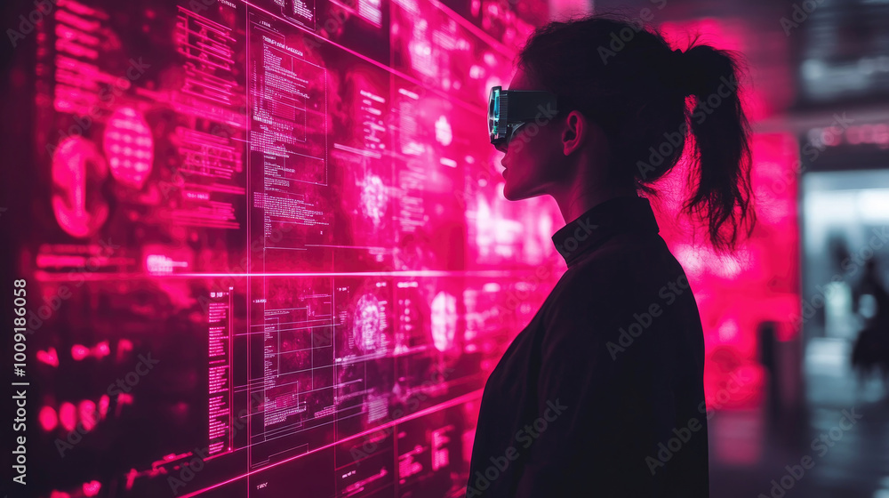 Aufkleber a woman wearing virtual reality glasses interacts with a bright pink digital interface displaying co
