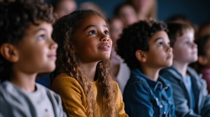 Fototapeta premium A group of diverse children sitting attentively, watching a performance or presentation with bright smiles.