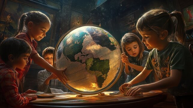 A group of curious children are gathered around a globe, exploring different countries and learning geography - Powered by Adobe