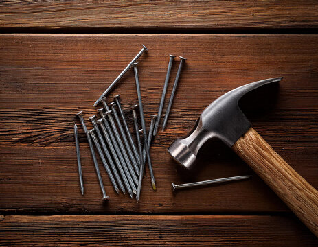 Martillo de carpintero y clavos sobre una tabla de madera