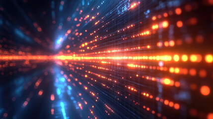 Naklejka premium A vibrant display of glowing particles illustrates data transmission in a digital network, capturing a sense of speed and technology