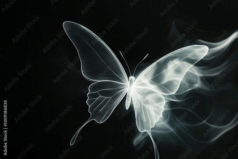 Poster abstract white butterfly with smoke trailing behind it on a black background.