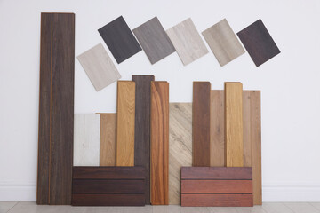 Many different samples of wooden flooring in store