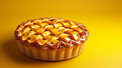 Delicious golden pie with a beautiful lattice crust on a bright yellow background, perfect for dessert lovers and food photography.