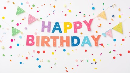 A vibrant "Happy Birthday" banner with multicolored letters and festive flags is surrounded by playful confetti. The cheerful decorations on a clean white background create a joyful and fun birthday 