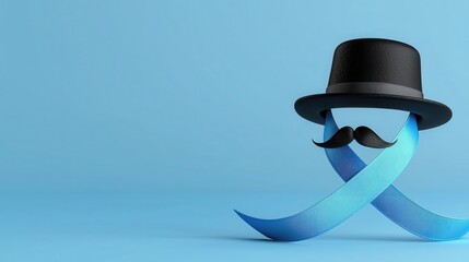 November mustache and ribbon concept. A whimsical illustration featuring a blue ribbon with a hat and a mustache, symbolizing creativity and fun on a blue background