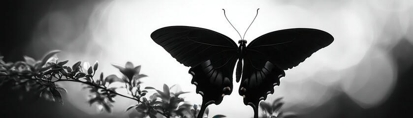 A black and white silhouette of a butterfly with its wings spread wide.