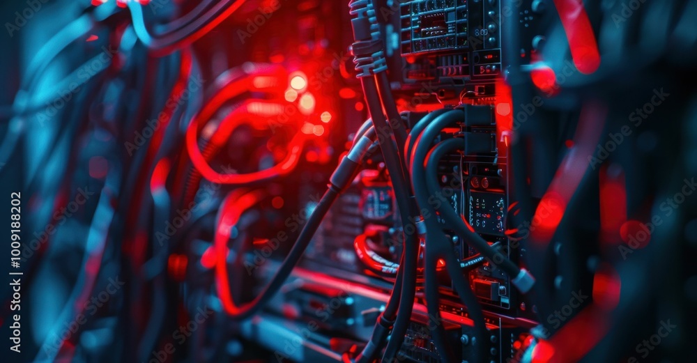 Poster abstract close up of server racks with illuminated cables in a dark environment red and blue lights 
