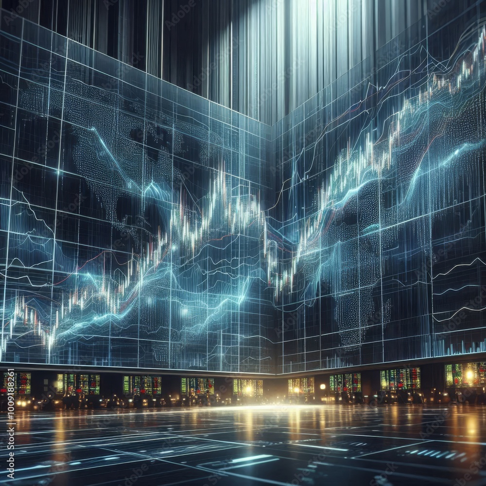 Poster a digital representation of a stock market chart displayed in a high-tech data center environment. t