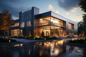 Modern office building with illuminated windows