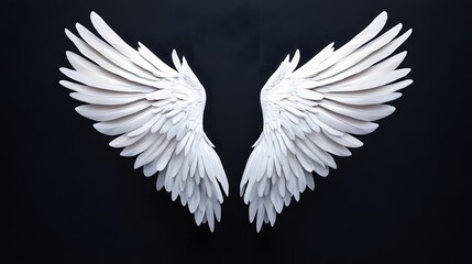 White angel wings on a black background, front view