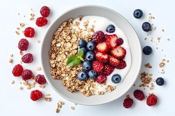 Top view plate of healthy breakfast with granola, greek yogurt, fruits and berry on white background