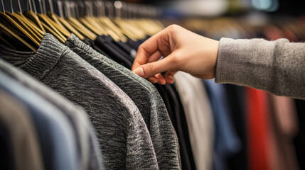 A person browsing through clothing on a rack, symbolizing shopping and style choices. This represents consumerism and fashion.