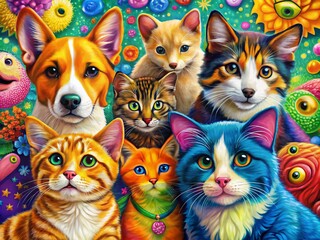 Cute Clip Art of Cats and Dogs Playing Together in a Colorful and Whimsical Style for Fun Designs