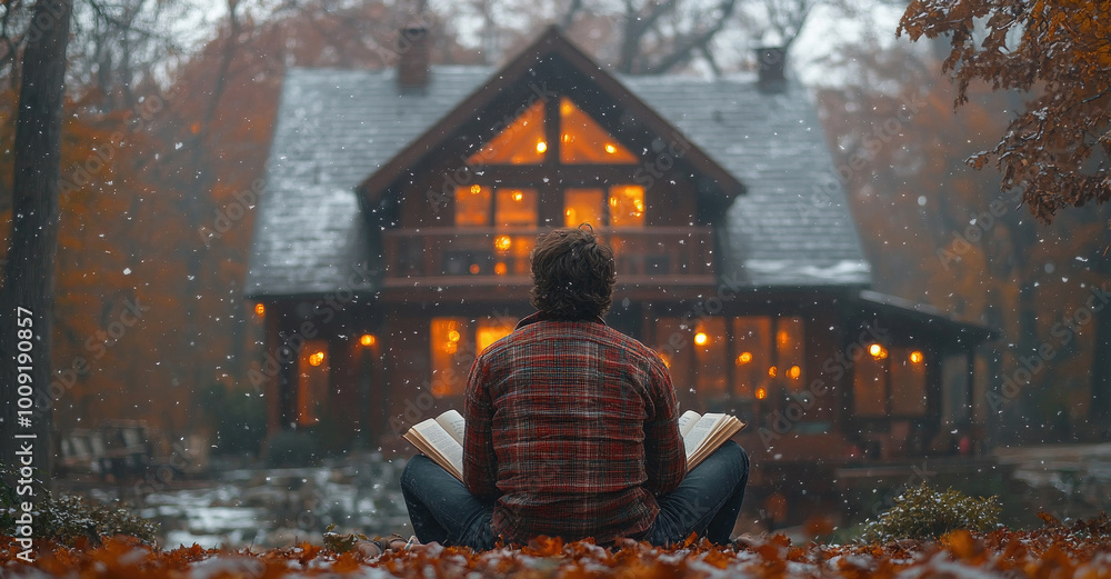 Poster a person sits on the ground reading a book while enjoying the tranquil atmosphere of a cabin in the 
