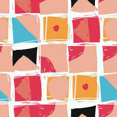 Abstract hand drawn background. Colorful geometric pattern features shapes and shades. Sketch pink orange and red squares and triangles