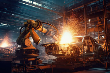 Industrial robot welding a car body