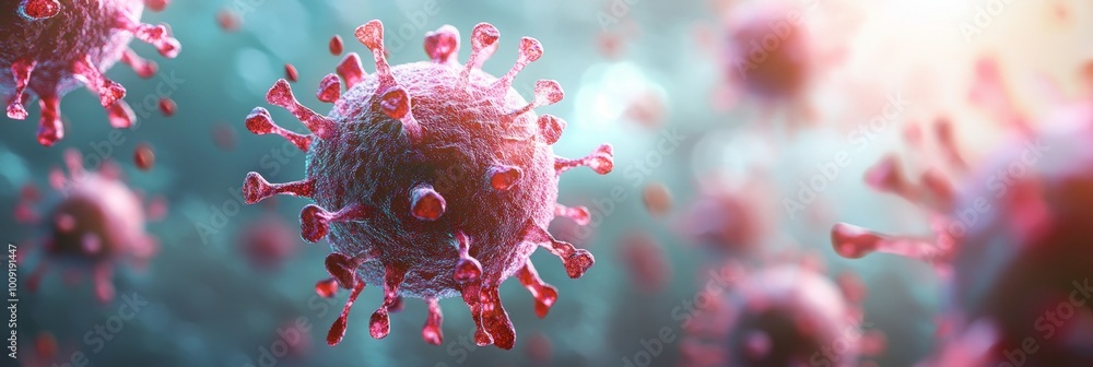 Poster microscopic insight into viral infection, showcasing intricate details of a virus within a cell, emp