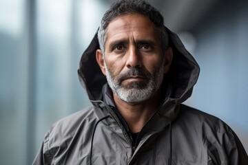 Fototapeta premium Portrait of a tender indian man in his 50s wearing a windproof softshell isolated in modern minimalist interior
