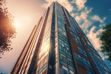 Modern skyscraper reaching towards the sun