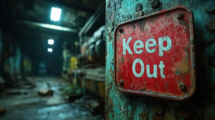 An abandoned industrial facility with a rusted, prominently displayed Keep Out sign indicating a restricted, potentially hazardous area
