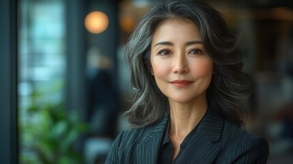 Fototapeta premium portrait of a sophisticated japanese businesswoman in her fifties dressed elegantly in a tailored suit radiating confidence and professionalism in a polished office environment