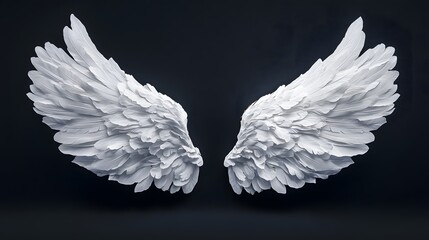 White angel wings on a black background, front view