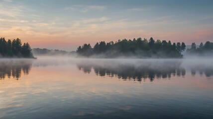 Fototapeta premium Misty morning on the lake fog in nature fog forest river fog