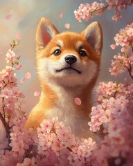 A cute Shiba Inu puppy surrounded by delicate pink blossoms.
