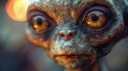 A close-up portrait of a friendly green alien with large, expressive eyes and textured skin, set against a blurred background.