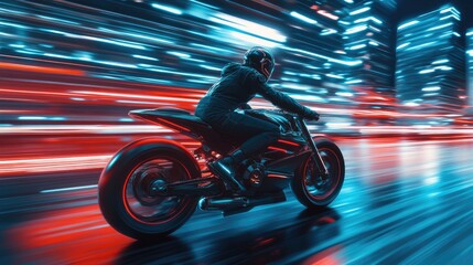 Man in Black Riding a Motorbike Against a Cyberpunk City Background with Motion Blur, Speed Effects, and Red Rim Lighting