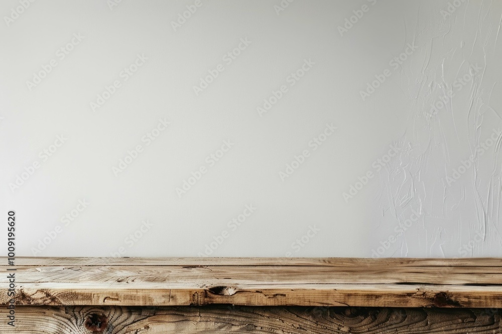 Poster wooden table surface against a plain light wall, creating a minimalist and rustic aesthetic ideal fo