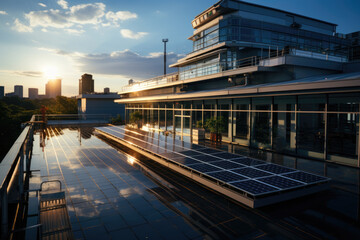 Modern building with rooftop solar panels