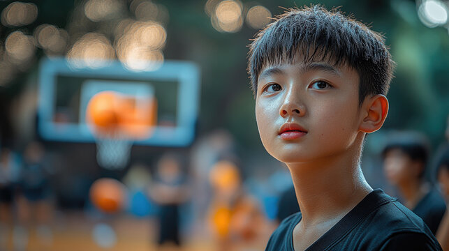 A young boy with wet hair watches intently as his teammates practice basketball at a sunny outdoor court