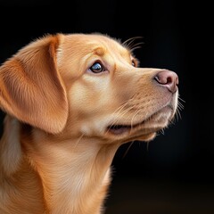 A cute, light brown dog looks up inquisitively with a dark background.