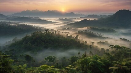 Misty fog in the forest, trees, mountains. Fog in nature. winter morning.