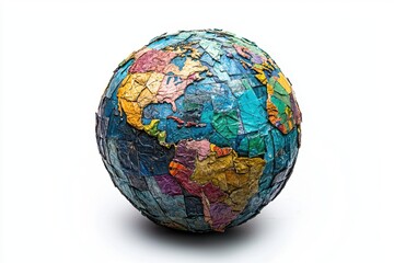 Artistic globe made from colorful textured materials