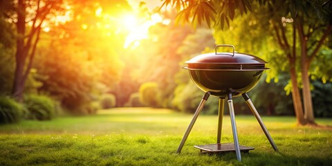 Empty grill in backyard with barbecue pork theme, warm tones silhouette