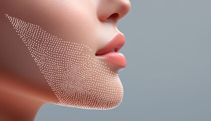 A 3D model of a womans face with dotted lines highlighting the path of a skin-tightening treatment, showing a smooth and defined jawline.