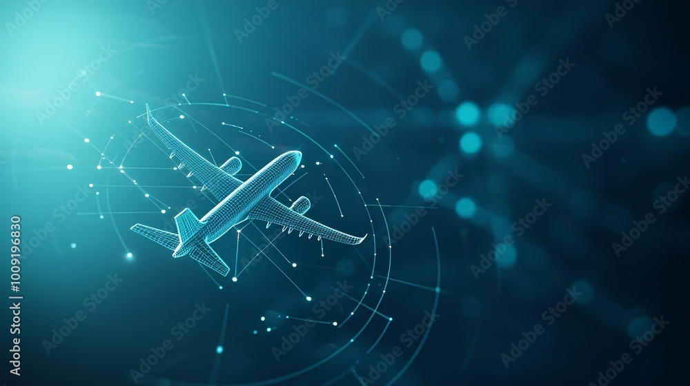 Poster real-time global flight tracking system - airplanes navigating through clouds with satellite radar a