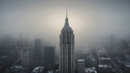 Fog in cities. skyline city fog urban background landscape.