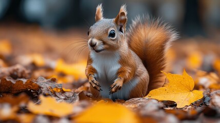 Obraz premium Red Squirrel in Autumn Leaves