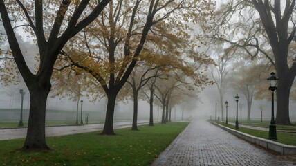 Misty city morning on park street. Fog in cities, for in nature.