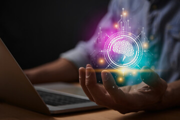 Magenta Turquoise Ai Technology or Artificial Intelligence Brain Concept. Brain and Circuit Line and HUD Ai Artificial Intelligence Icon on Businessman's Hand With Laptop Computer
